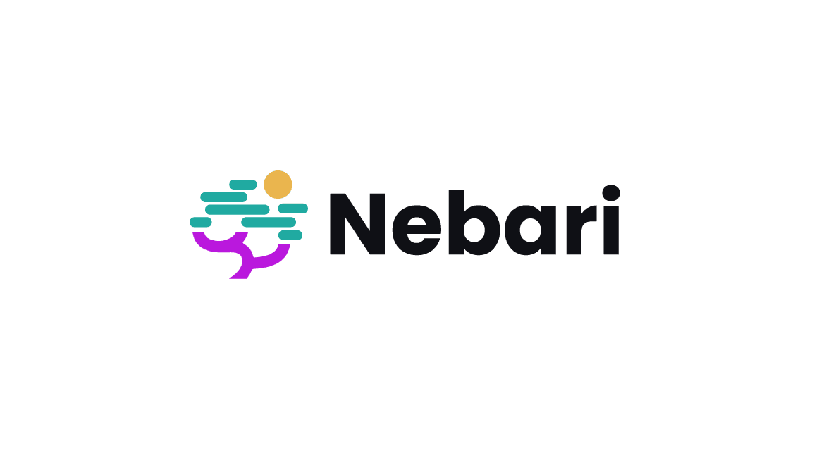 Nebari logo. The symbol shows purple trunk and branches, with green capsule-shaped leaves, and a yellow circle at the top.